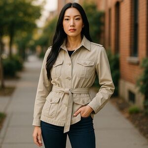 VINTAGE JACKET 80s Cropped Trench Safari Shirt Shacket Military Khaki Belted